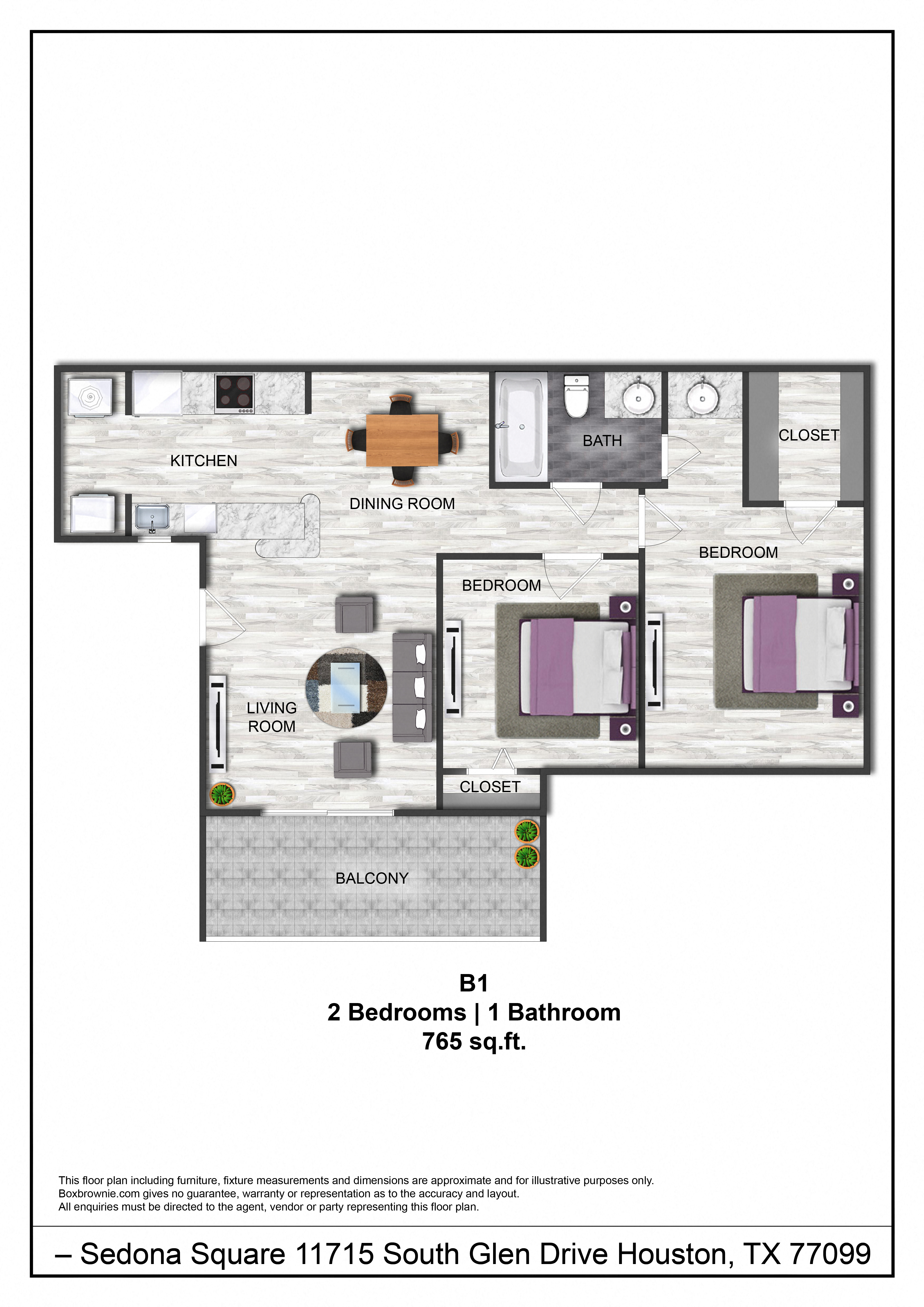 Floor plan for 2 beds, 1 bath, 756 sqft